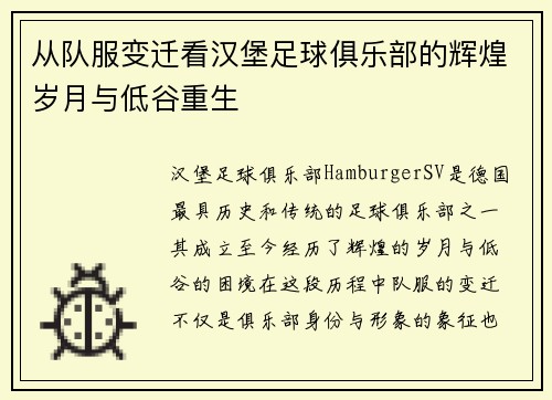 从队服变迁看汉堡足球俱乐部的辉煌岁月与低谷重生