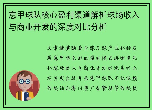 意甲球队核心盈利渠道解析球场收入与商业开发的深度对比分析